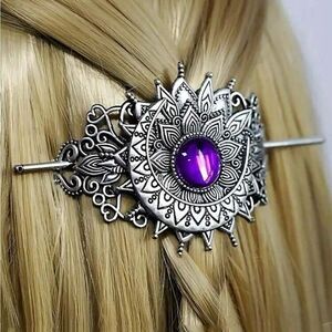 Bohemian Hair Accessory Silver Tone Purple Accent Stone, Engraved Details